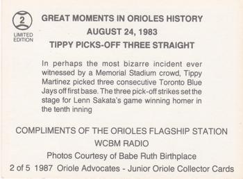 1987 Oriole Advocates Junior Oriole Collectors #2 Tippy Picks-Off Three Straight Back