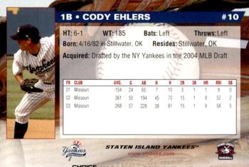 2004 Choice Staten Island Yankees #10 Cody Ehlers Back