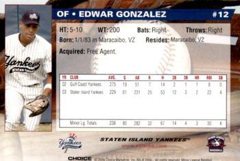 2004 Choice Staten Island Yankees #12 Edwar Gonzalez Back