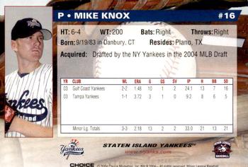 2004 Choice Staten Island Yankees #16 Mike Knox Back