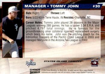 2004 Choice Staten Island Yankees #30 Tommy John Back