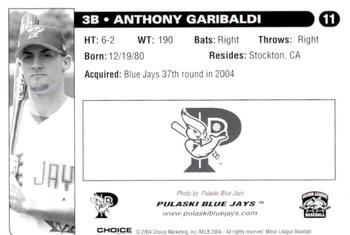 2004 Choice Pulaski Blue Jays #11 Anthony Garibaldi Back