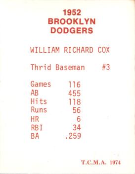 1974 TCMA 1952 Brooklyn Dodgers - Blue/White Red Names / Red Backs #NNO Billy Cox Back