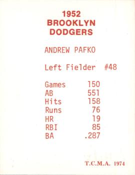1974 TCMA 1952 Brooklyn Dodgers - Blue/White Red Names / Red Backs #NNO Andy Pafko Back