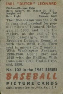 1951 Bowman #102 Dutch Leonard Back