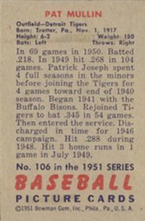 1951 Bowman #106 Pat Mullin Back