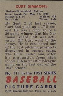 1951 Bowman #111 Curt Simmons Back