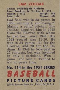 1951 Bowman #114 Sam Zoldak Back