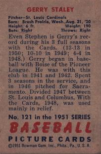 1951 Bowman #121 Gerry Staley Back
