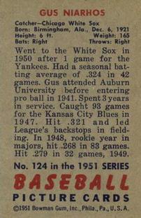 1951 Bowman #124 Gus Niarhos Back