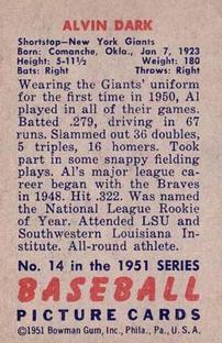 1951 Bowman #14 Alvin Dark Back