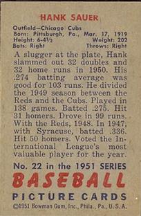 1951 Bowman #22 Hank Sauer Back