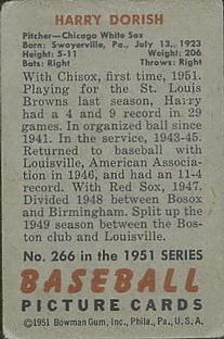 1951 Bowman #266 Harry Dorish Back