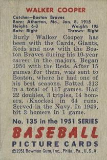1951 Bowman #135 Walker Cooper Back