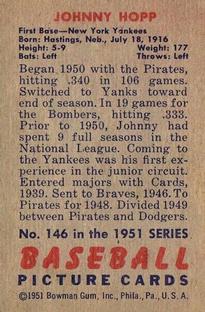 1951 Bowman #146 Johnny Hopp Back