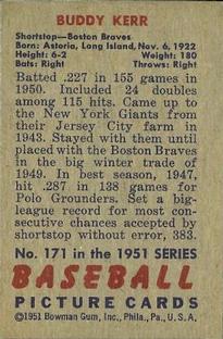 1951 Bowman #171 Buddy Kerr Back
