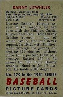 1951 Bowman #179 Danny Litwhiler Back