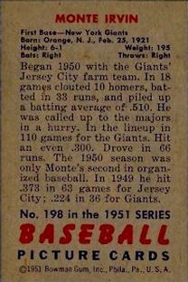 1951 Bowman #198 Monte Irvin Back