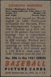 1951 Bowman #206 Connie Marrero Back