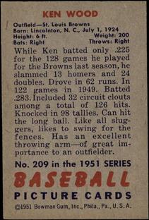 1951 Bowman #209 Ken Wood Back