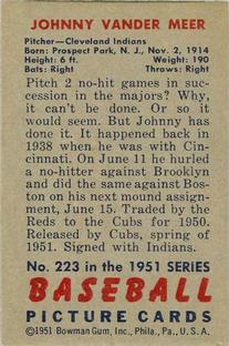 1951 Bowman #223 Johnny Vander Meer Back
