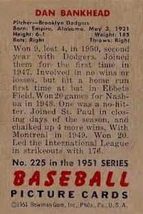 1951 Bowman #225 Dan Bankhead Back