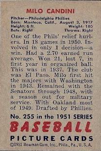 1951 Bowman #255 Milo Candini Back