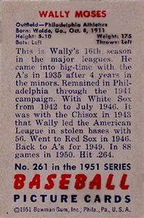 1951 Bowman #261 Wally Moses Back