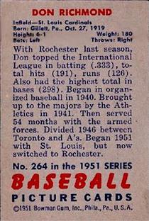 1951 Bowman #264 Don Richmond Back