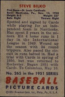 1951 Bowman #265 Steve Bilko Back