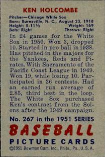 1951 Bowman #267 Ken Holcombe Back