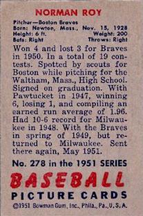 1951 Bowman #278 Norman Roy Back