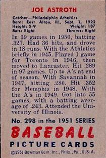 1951 Bowman #298 Joe Astroth Back