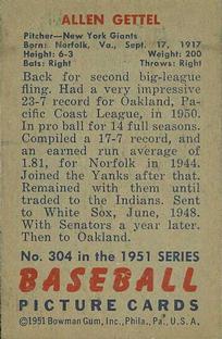 1951 Bowman #304 Allen Gettel Back