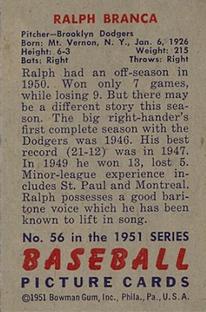 1951 Bowman #56 Ralph Branca Back