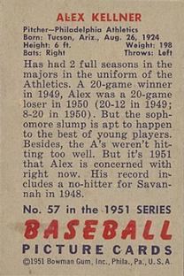 1951 Bowman #57 Alex Kellner Back
