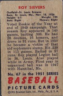 1951 Bowman #67 Roy Sievers Back