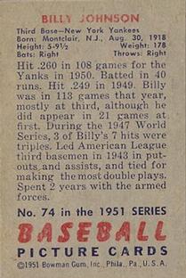1951 Bowman #74 Billy Johnson Back
