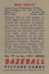 1951 Bowman #77 Mike Goliat Back