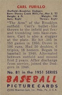 1951 Bowman #81 Carl Furillo Back