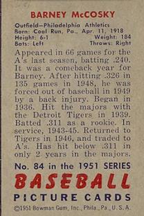 1951 Bowman #84 Barney McCosky Back