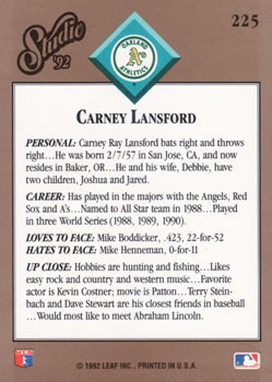 1992 Studio #225 Carney Lansford Back