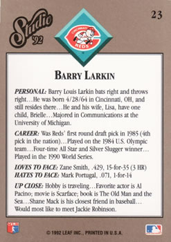 1992 Studio #23 Barry Larkin Back