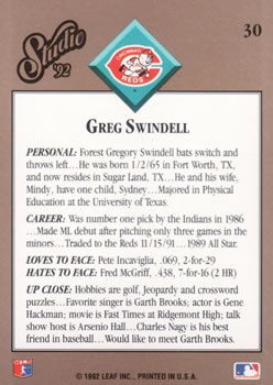 1992 Studio #30 Greg Swindell Back