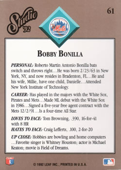 1992 Studio #61 Bobby Bonilla Back