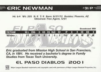 2001 Grandstand El Paso Diablos White Border #NNO Eric Newman Back