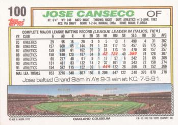 1992 Topps #100 Jose Canseco Back