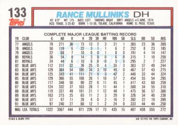1992 Topps #133 Rance Mulliniks Back