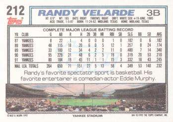 1992 Topps #212 Randy Velarde Back
