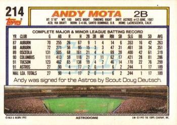 1992 Topps #214 Andy Mota Back